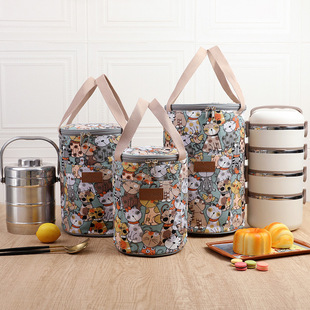 日式圆形饭盒袋上班族手提便当包保温学生铝箔加厚圆桶带饭袋子