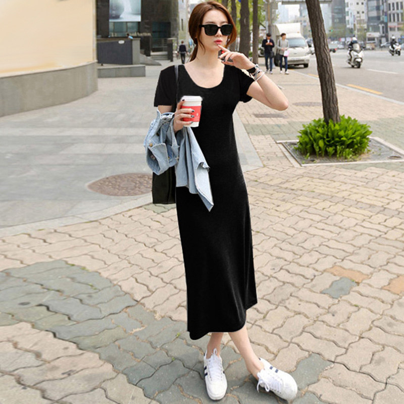韩版莫代尔超长款短袖T恤裙女夏纯色内搭连衣衬裙显瘦学生打底裙
