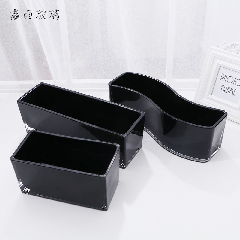 黑色长方形玻璃花瓶白色花盆简约现代插花桌面样板房客厅家居饰品