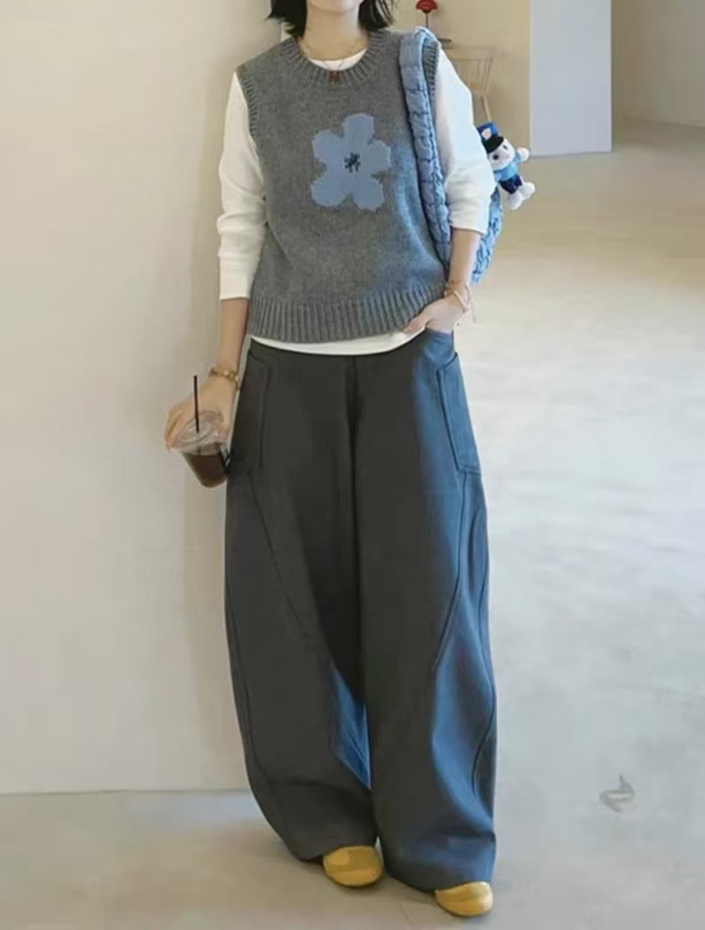 刺绣花朵100%羊绒灰色马甲