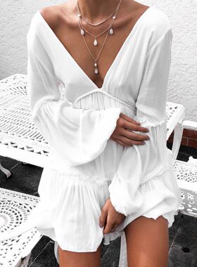 速卖通ebay亚马逊2020欧美外贸新款白色V领灯笼袖连衣裙