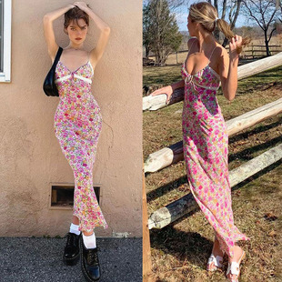 2026新款欧美夏季女碎花吊带低胸收腰修身休闲蕾丝边长款 连衣裙