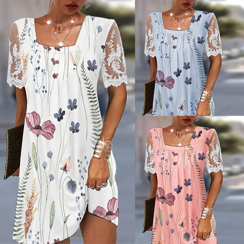 欧美夏季新款方领蕾丝休闲碎花宽松连衣裙 Summer dress  women