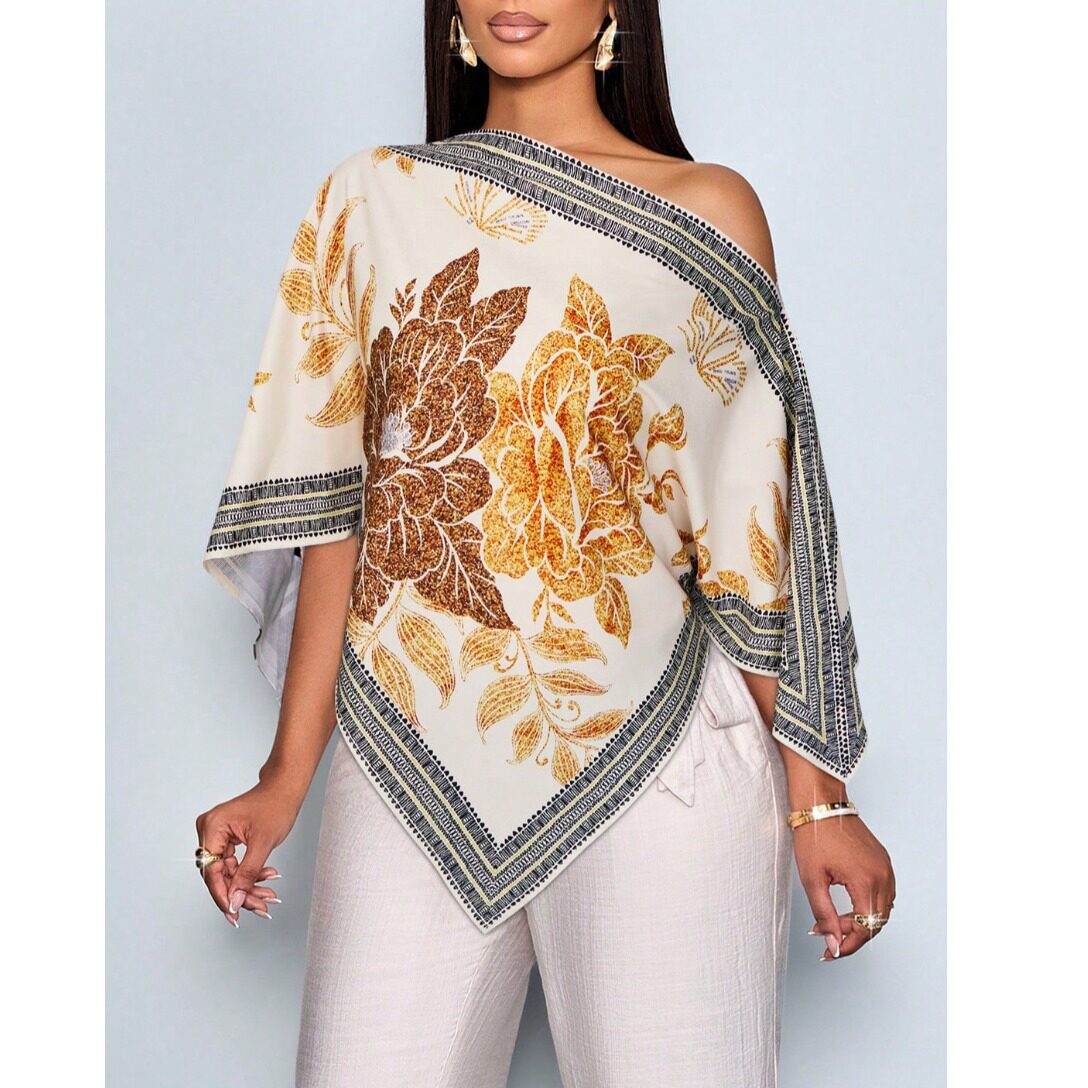 欧美女士斜肩斗篷式上衣复古优雅丝巾式不对称罩衫晚宴度假穿搭图片