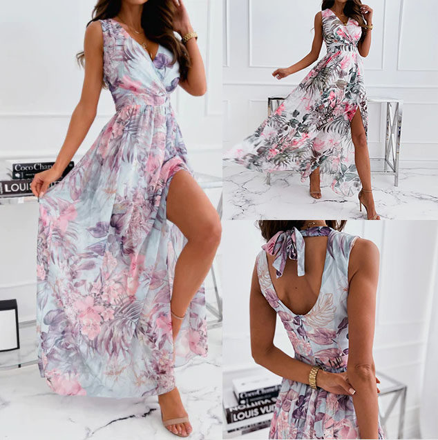 2022夏装新款欧美女装雪纺收腰印花绑带下摆开叉连衣裙