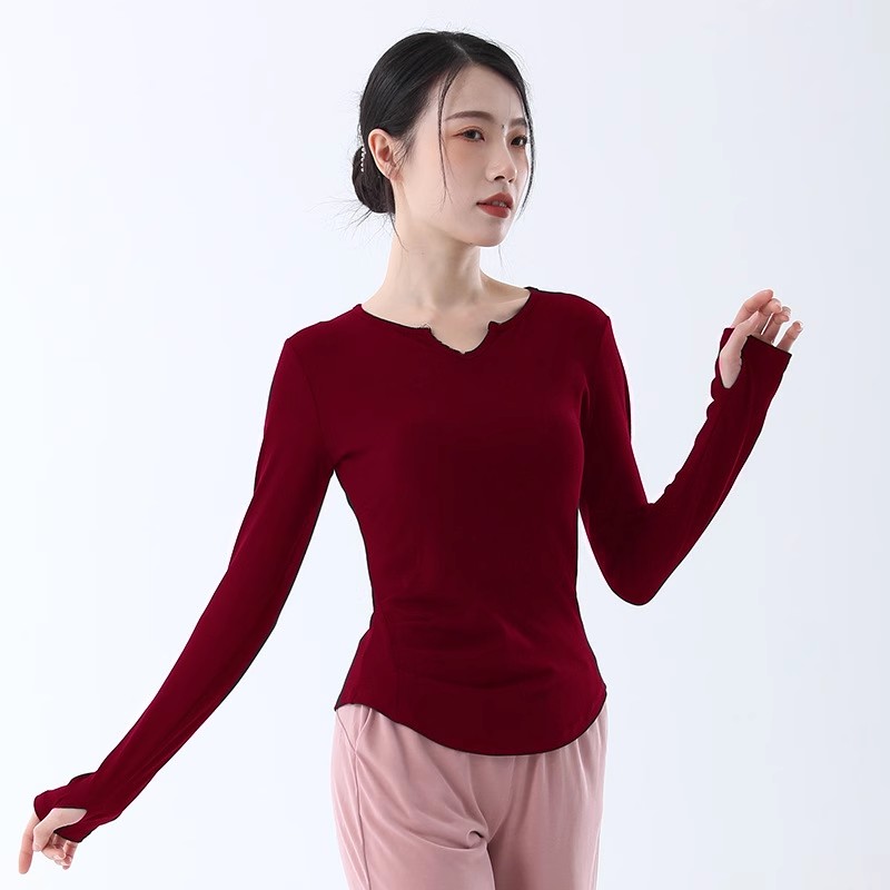 枣红半指手套t恤女袖子加长拇指洞上衣团对舞蹈手指扣小衫打底衫