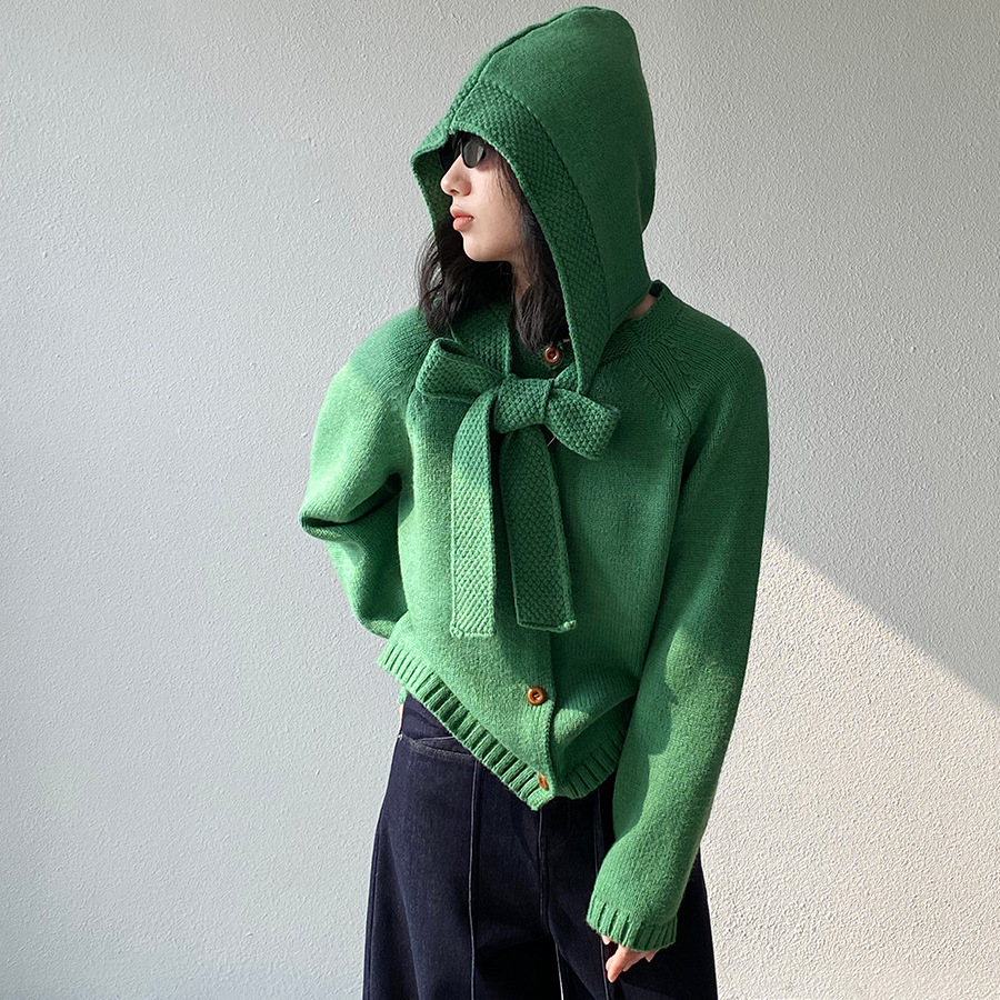 绿色可拆卸连帽开衫韩系毛衣