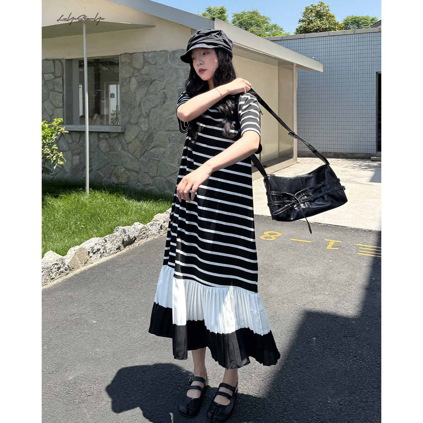 陆与山屿【嘉藕】小众圆领宽松短袖条纹连衣裙夏季穿搭绝美长裙子