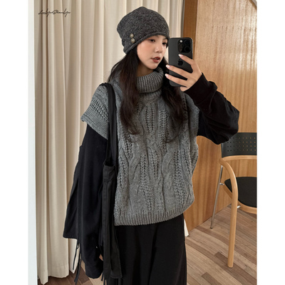 提花灰色系高领无袖毛衣内搭