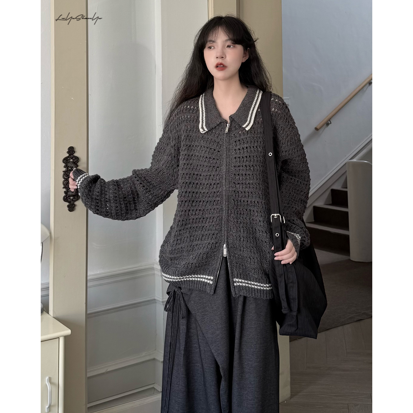羊毛镂空慵懒风双拉链毛衣外套