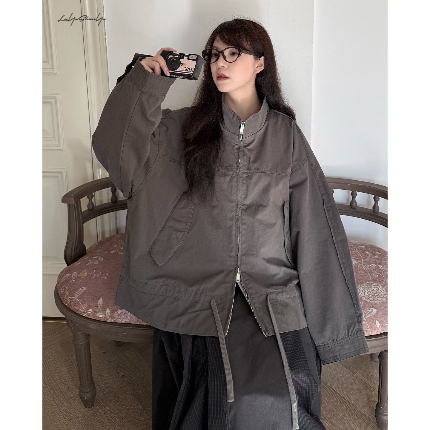 陆与山屿【诧寂】复古做旧工装落肩袖下摆抽绳短款夹克外套上衣,女装/女士精品,短外套,淘宝优惠券,粉丝福利购,淘宝优惠卷