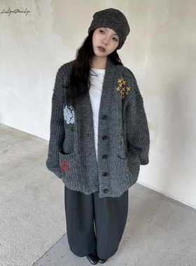 陆与山屿慵懒高级感针织衫灰色花朵刺绣秋冬季粗毛线开衫毛衣外套