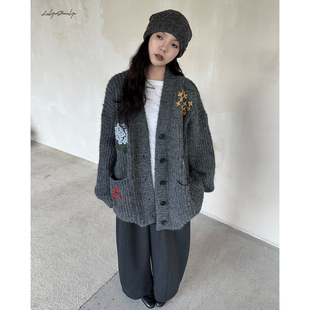 毛衣外套 粗毛线开衫 陆与山屿慵懒高级感针织衫 灰色花朵刺绣秋冬季