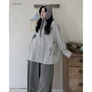陆与山屿【野叙】细条纹走线衬衣卡通图案纱棉感设计感长袖衬衫女