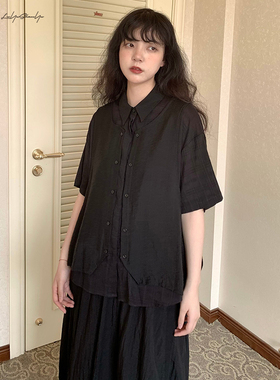 陆与山屿【月白】对称之歌暗格拼接衬衣夏肌理假两件短袖黑色衬衫