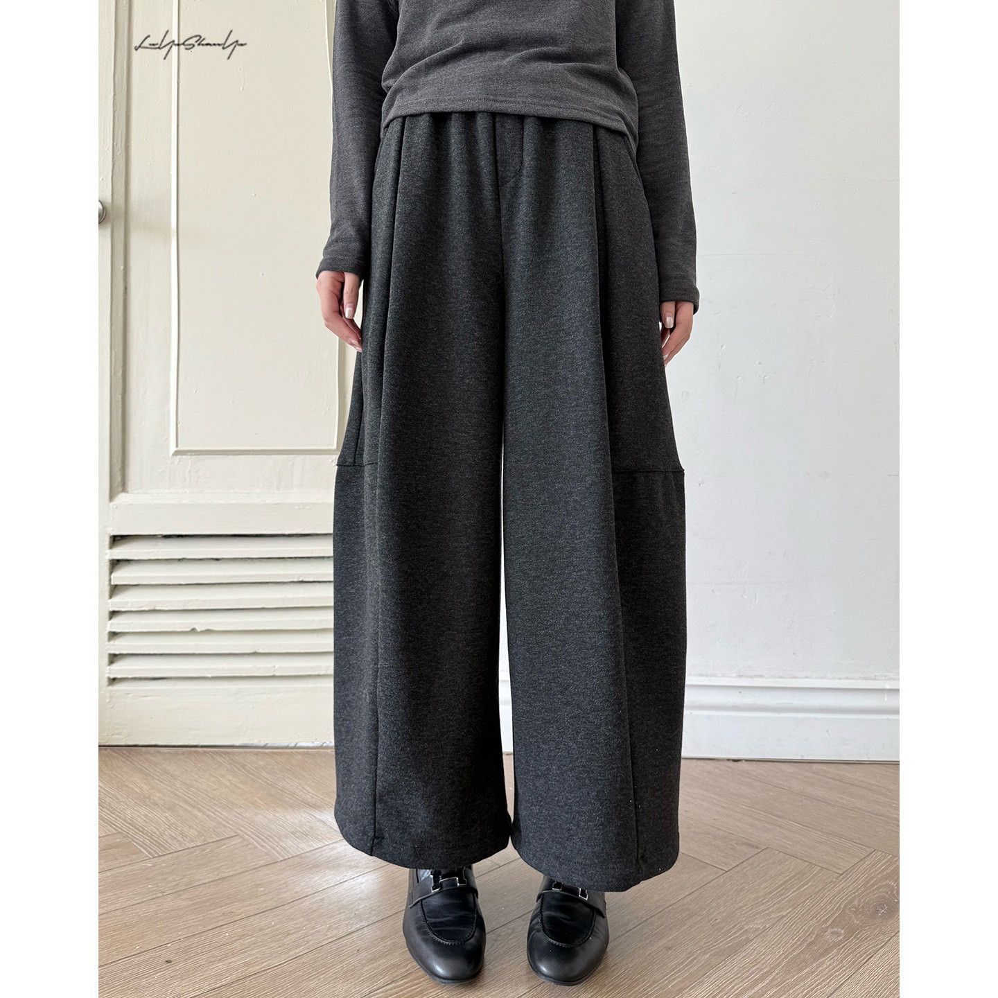 加绒加厚羊绒呢料复合阔腿九分裤