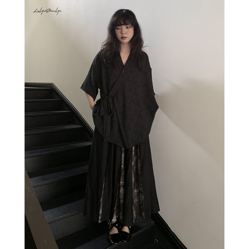 山本暗黑设计开叉拼接百褶半裙