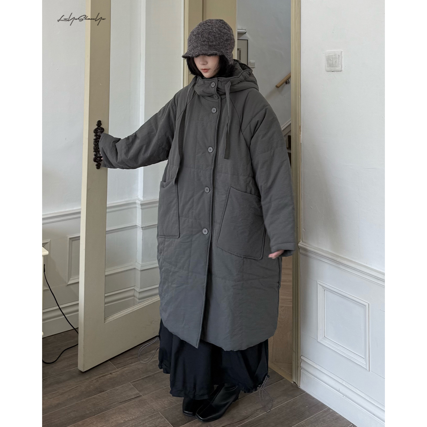 两侧大口袋阔版加厚纽扣棉衣棉服