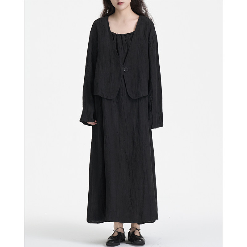 陆与山屿夏季宽松黑色扎染连衣裙女工艺棉麻吊带裙肩带可调长裙子,女装/女士精品,连衣裙,淘宝优惠券,粉丝福利购,淘宝优惠卷