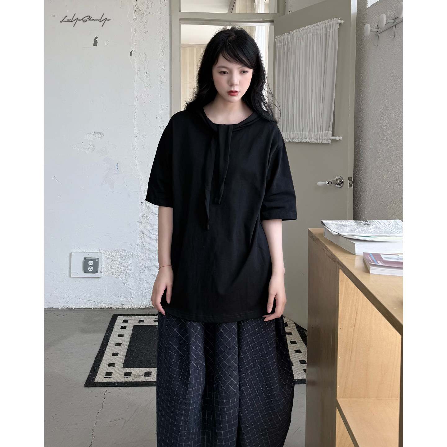 陆与山屿【莲雾】夏季新款山本厚实面料重工领口绑带短袖T恤打底