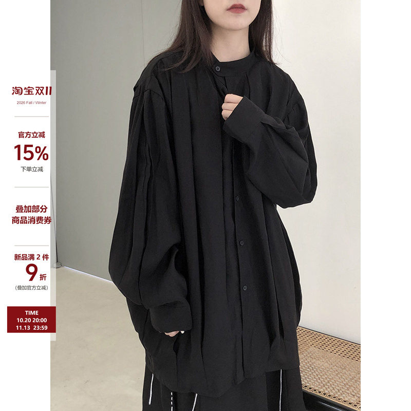 陆与山屿设计感小众黑色衬衣铜氨品质中长款上衣阔版暗黑长袖衬衫
