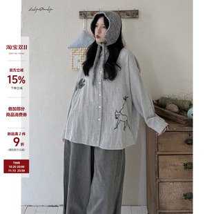 陆与山屿【野叙】细条纹走线衬衣卡通图案纱棉感设计感长袖衬衫女