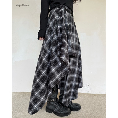 送腰带款格子不规则下摆半身裙