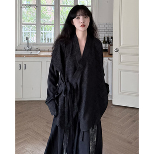 陆与山屿【白沙】山本暗黑新中式上衣秋绑带暗纹长袖衬衫黑色衬衣