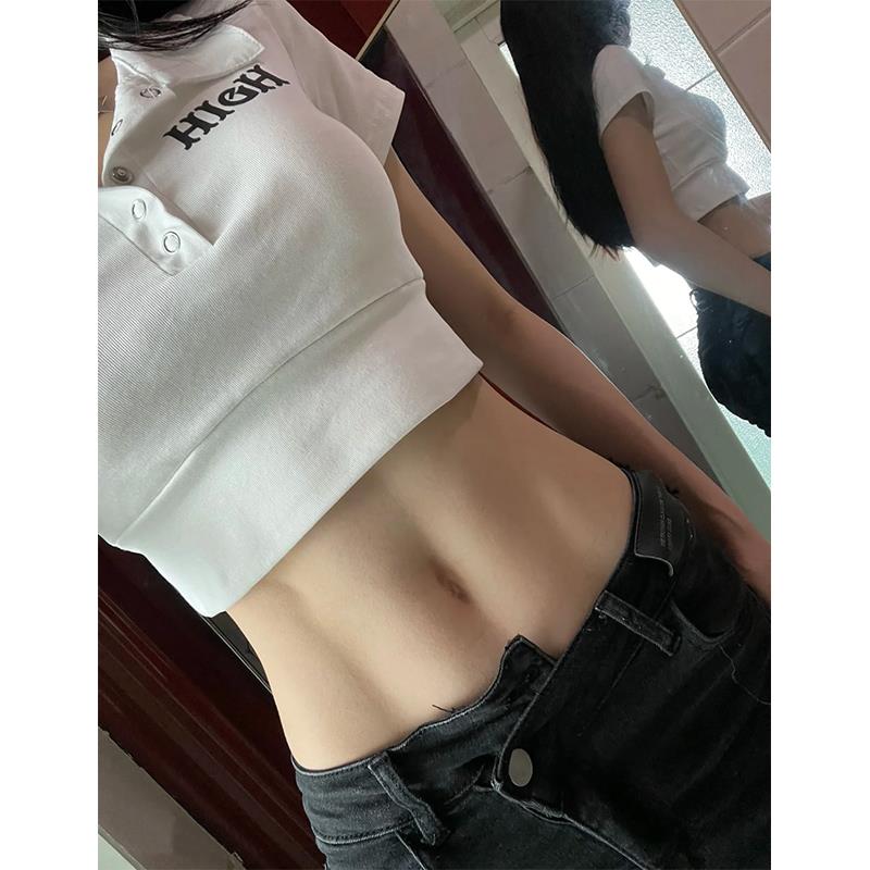 美式复古polo领短袖t恤女紧身显瘦纯欲露肚脐高腰短款辣妹上衣夏