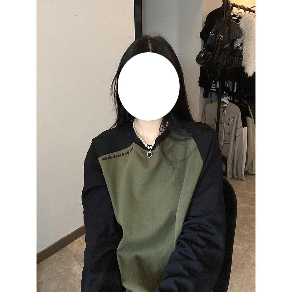 2023春秋新款t恤女拼色圆领ins学生情侣宽松长袖打底衫套头上衣潮