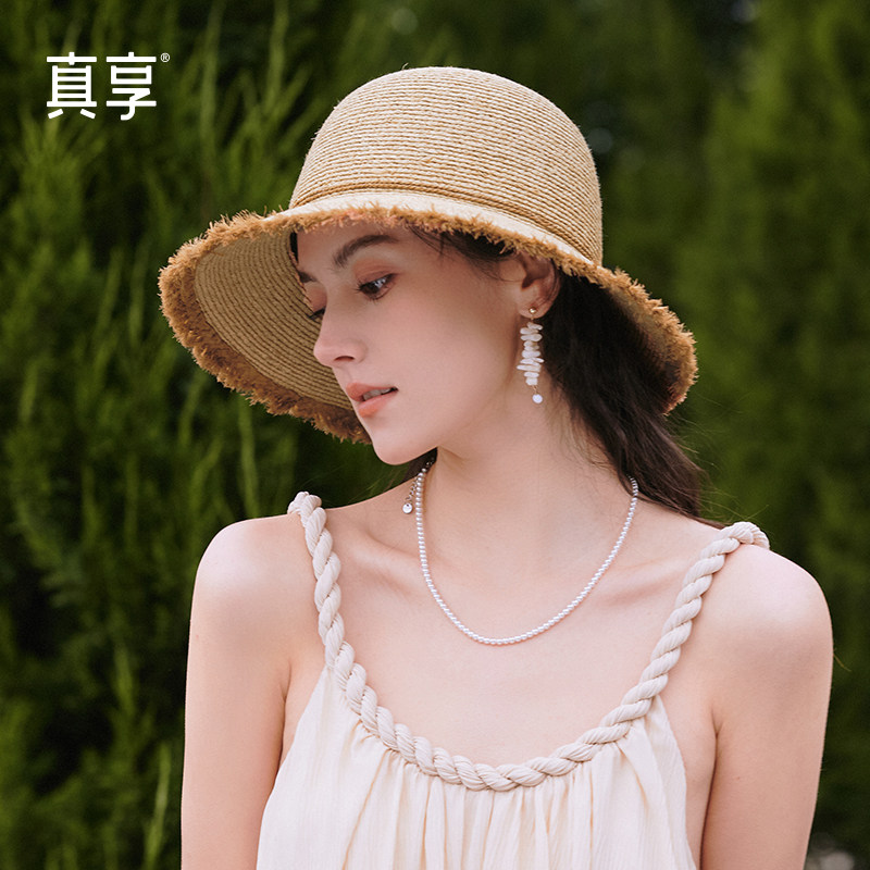 2025春季新款帽子女士手工毛边拉菲草盆帽百搭时尚遮阳防晒草帽女