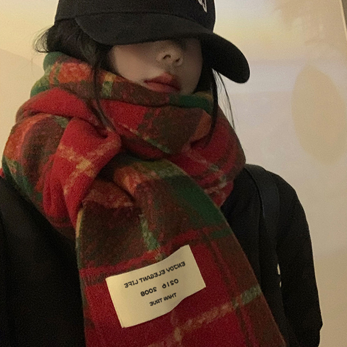 围巾女士秋冬季韩版格子保暖护颈外搭两用时尚百搭圣诞节送礼围脖