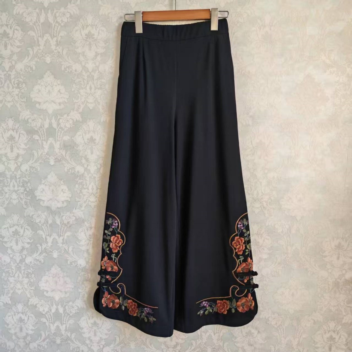 2025春秋夏季新款弹力棉民族风新中式妈妈装九分裤刺绣高腰阔腿裤