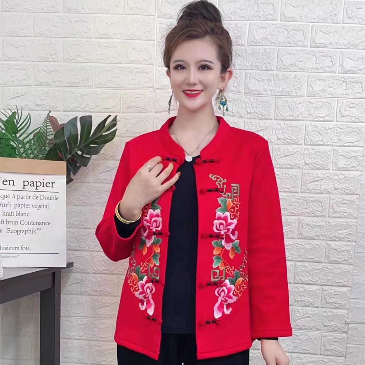 春秋新款加绒高档民族风绣花开衫女中老年妈妈唐装保暖上衣外套