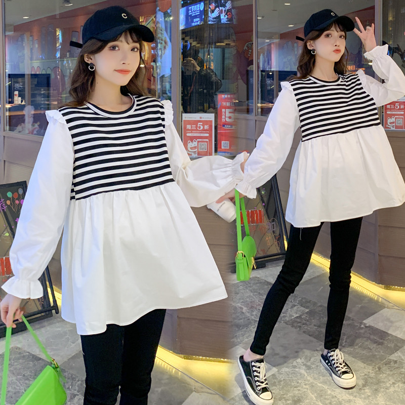 孕妇装秋季新款薄款时尚款韩版甜美长袖条纹娃娃衫上衣托腹打底裤