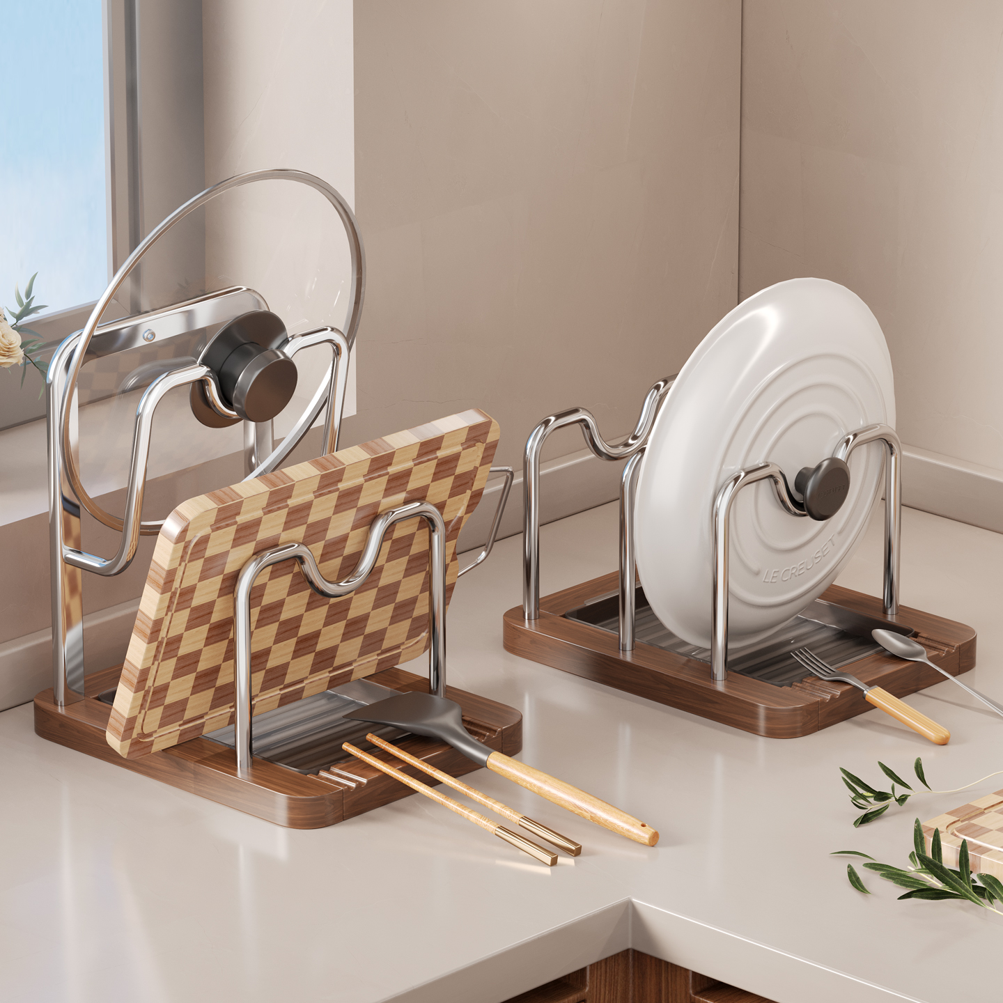 胡桃木锅盖架厨房台面置物架