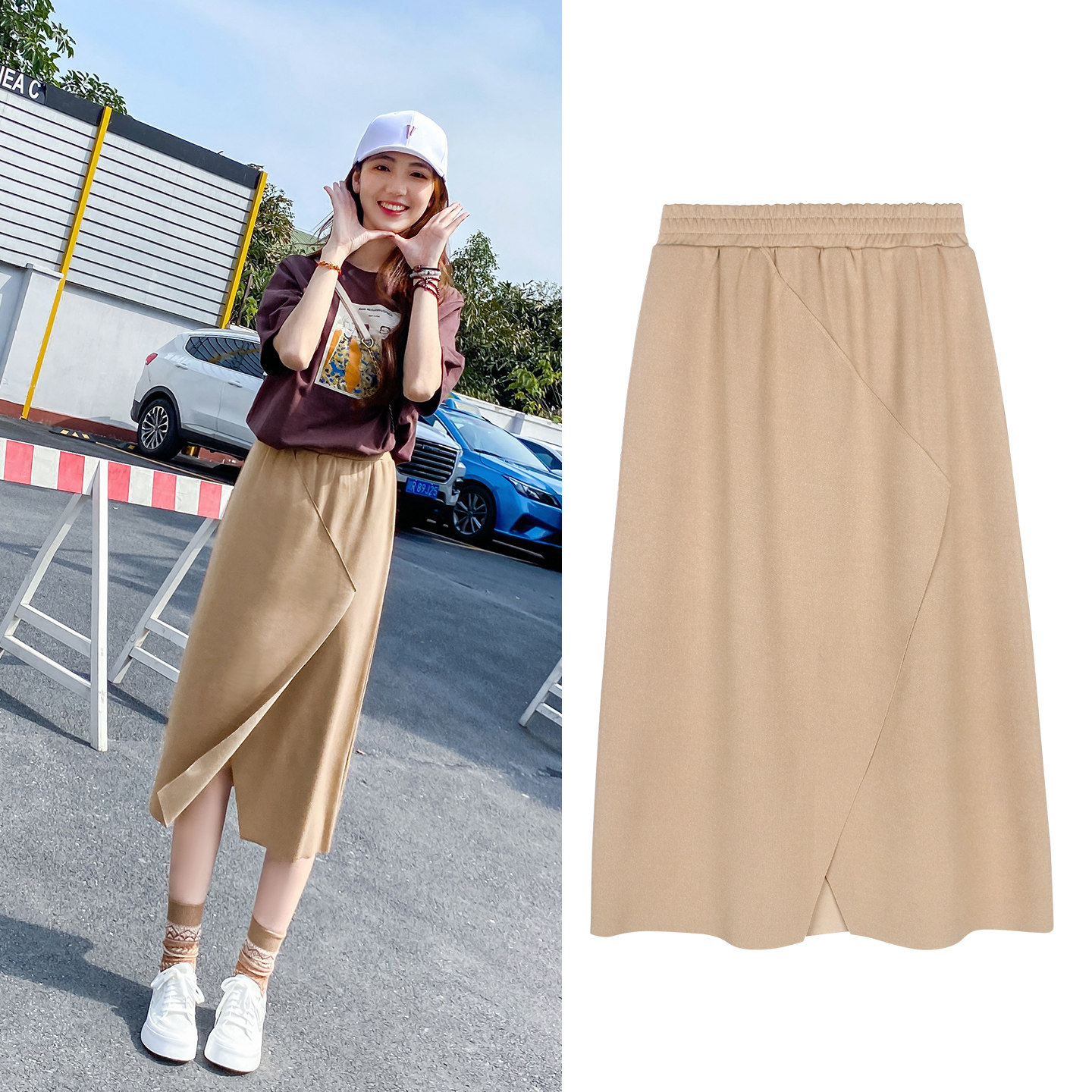 卡其色半身裙春夏中长款不规则下摆高腰休闲一步裙宽松直筒开叉裙