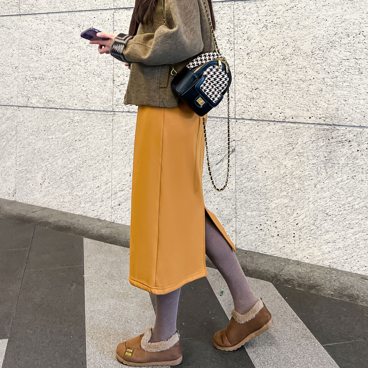 加绒半身裙女秋冬中长款高腰开叉松紧腰加厚保暖宽松休闲直筒裙子