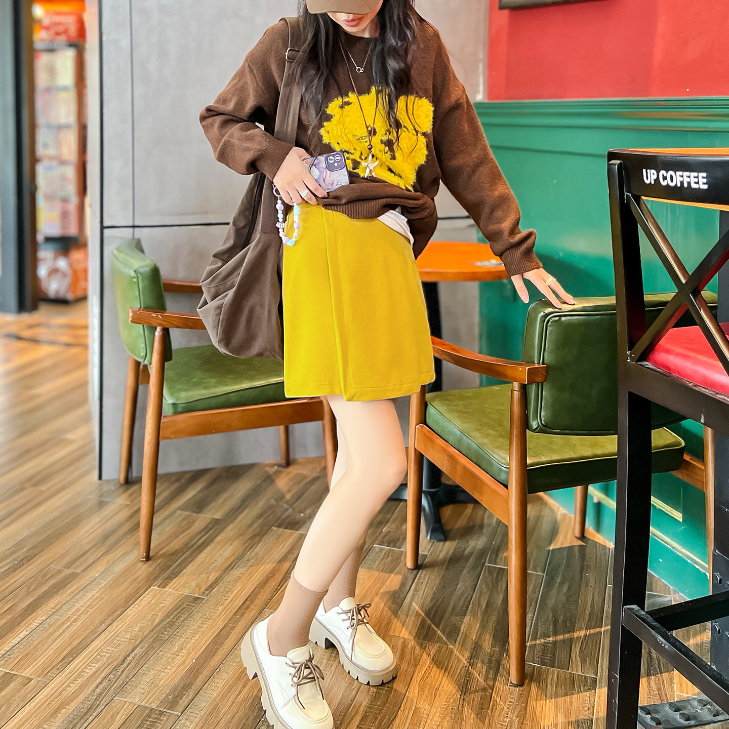 高腰a字半身裙女春秋小个子高腰短款打底遮肉学院风毛呢复古短裙