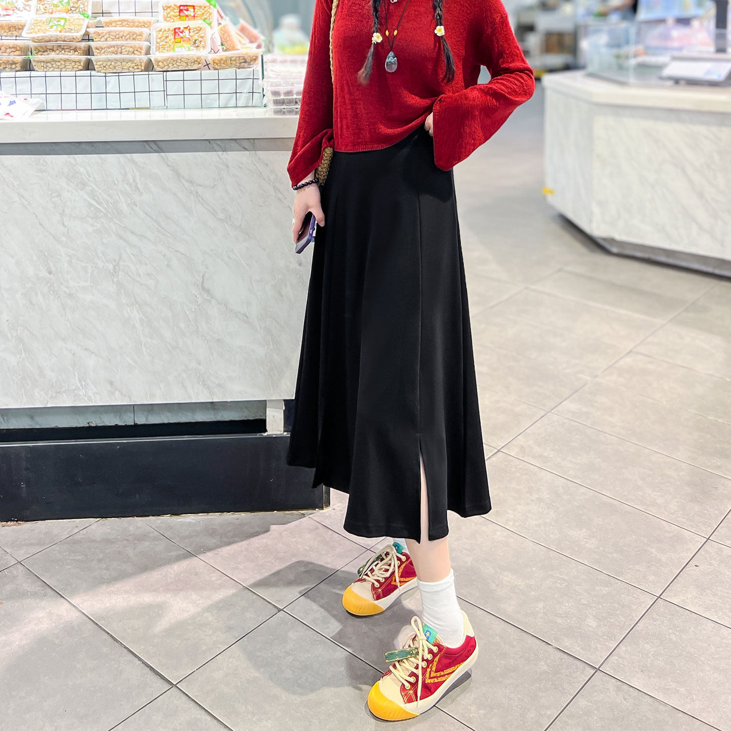 黑色半身裙女春夏中长款高腰开叉法式复古遮胯显瘦休闲百搭a字裙