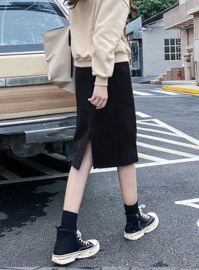黑色呢子半身裙女秋冬小个子直筒中裙高腰开叉显瘦百搭休闲包臀裙
