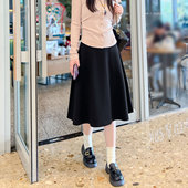 黑色高腰a字半身裙女春秋休闲通勤喇叭中裙复古遮胯显瘦百搭伞裙