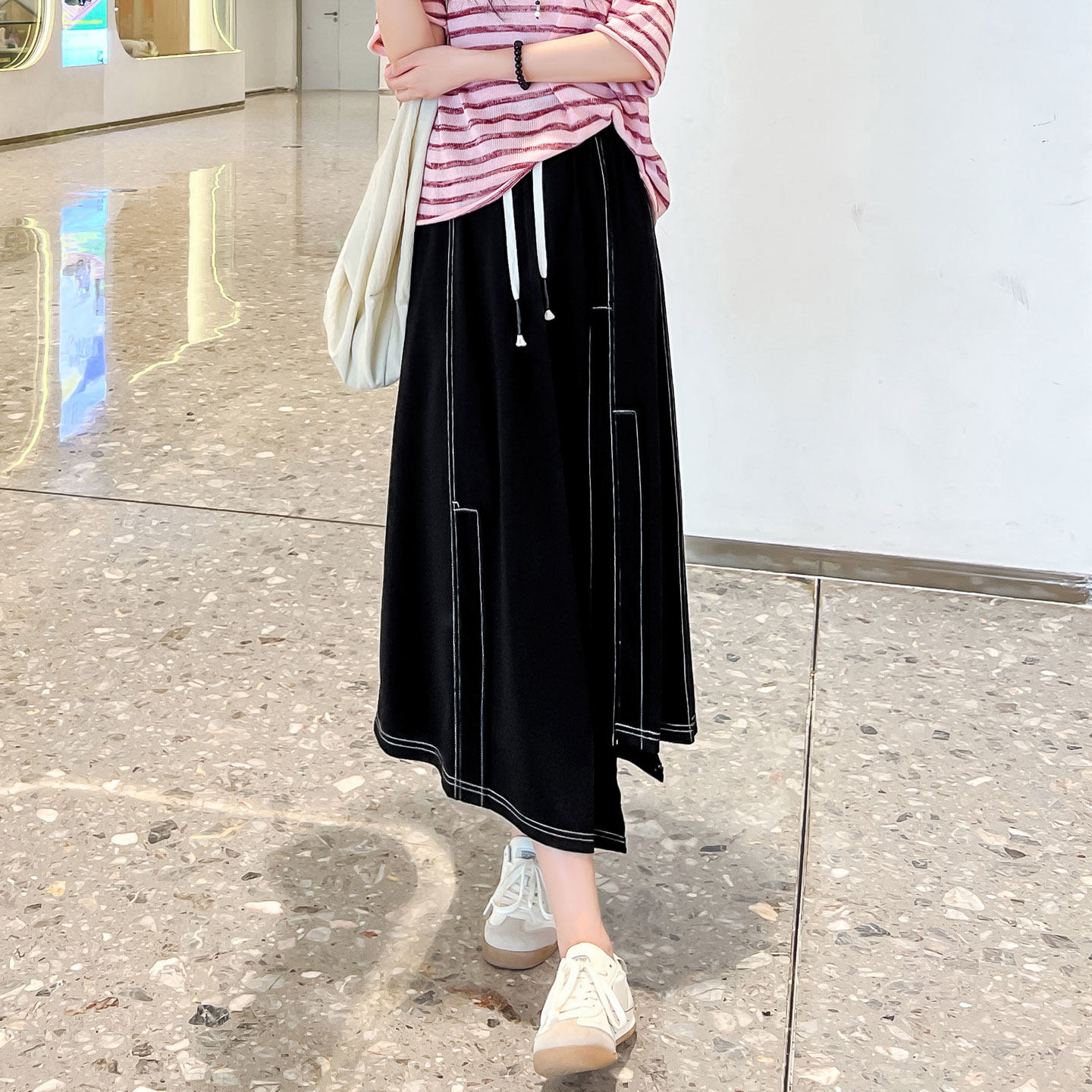 黑色半身裙女夏季薄款不规则中长款高腰遮胯显瘦宽松休闲a字长裙