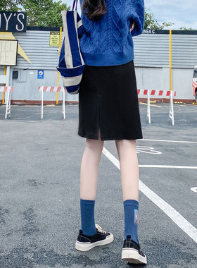 黑色半身裙秋冬女小个子高腰开叉显瘦百搭大码毛呢休闲直筒一步裙