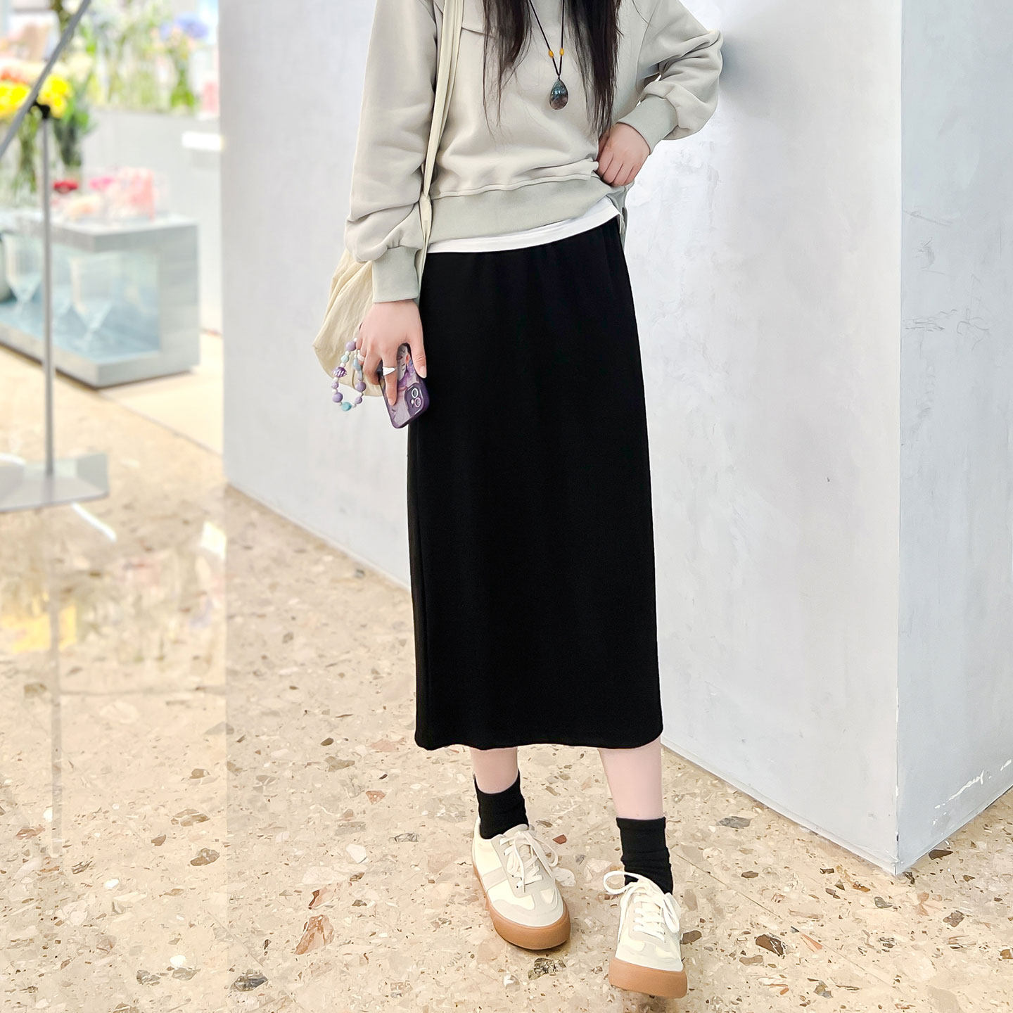 黑色半身裙女春秋中长款高腰开叉松紧腰宽松显瘦百搭休闲直筒长裙