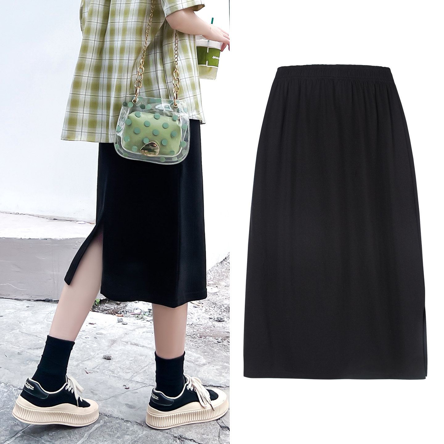 黑色半身裙春夏高腰开叉中长款学院显瘦百搭宽松大码直筒休闲长裙