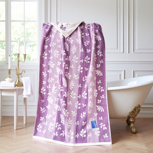 洁玉纯棉大浴巾紫色花卉毛巾全棉双面提花面巾家用吸水柔软