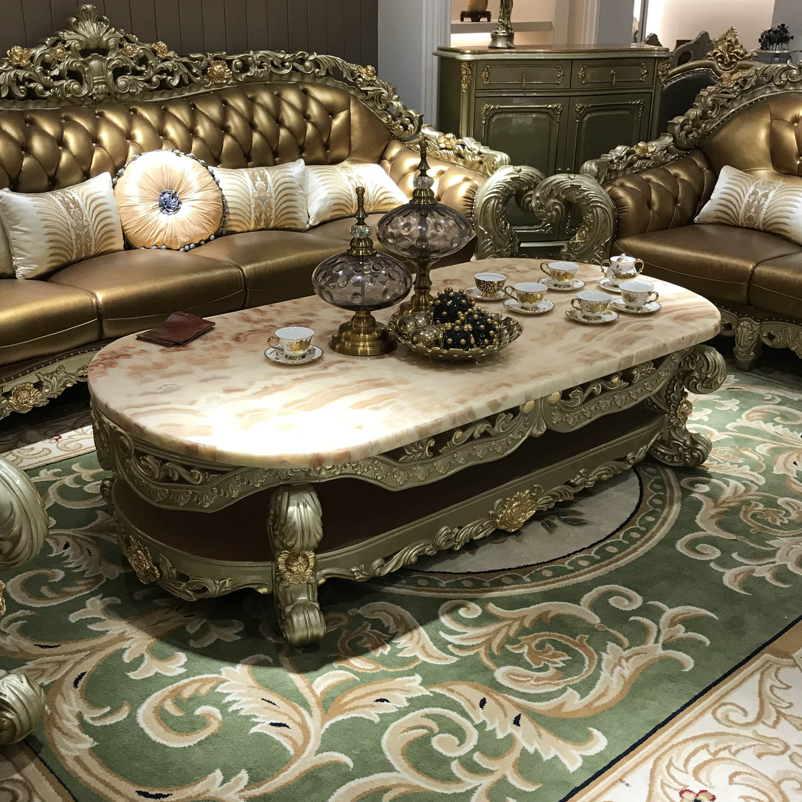 欧式实木长茶几客厅橡木大理石金银箔椭圆茶几新古典豪华进口茶几