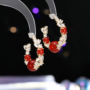 安可拉复古耳钉气质圈圈名媛红锆石秋冬s925中式耳环耳饰银针时尚