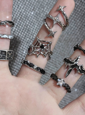 欧美暗黑朋克风个性开口戒指女ins潮冷淡风十字架不规则星芒指环